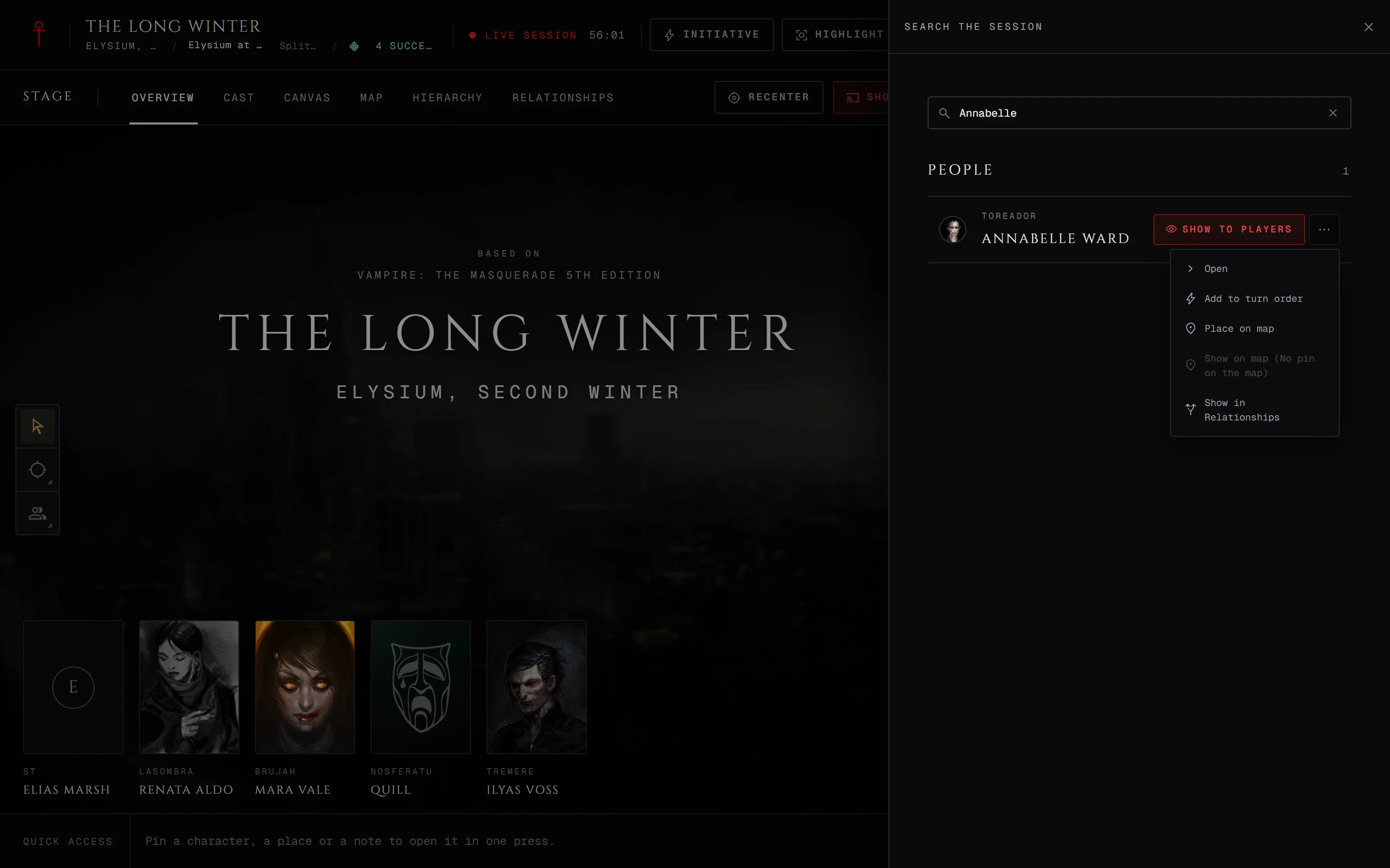 Search the session with an NPC result and its menu open