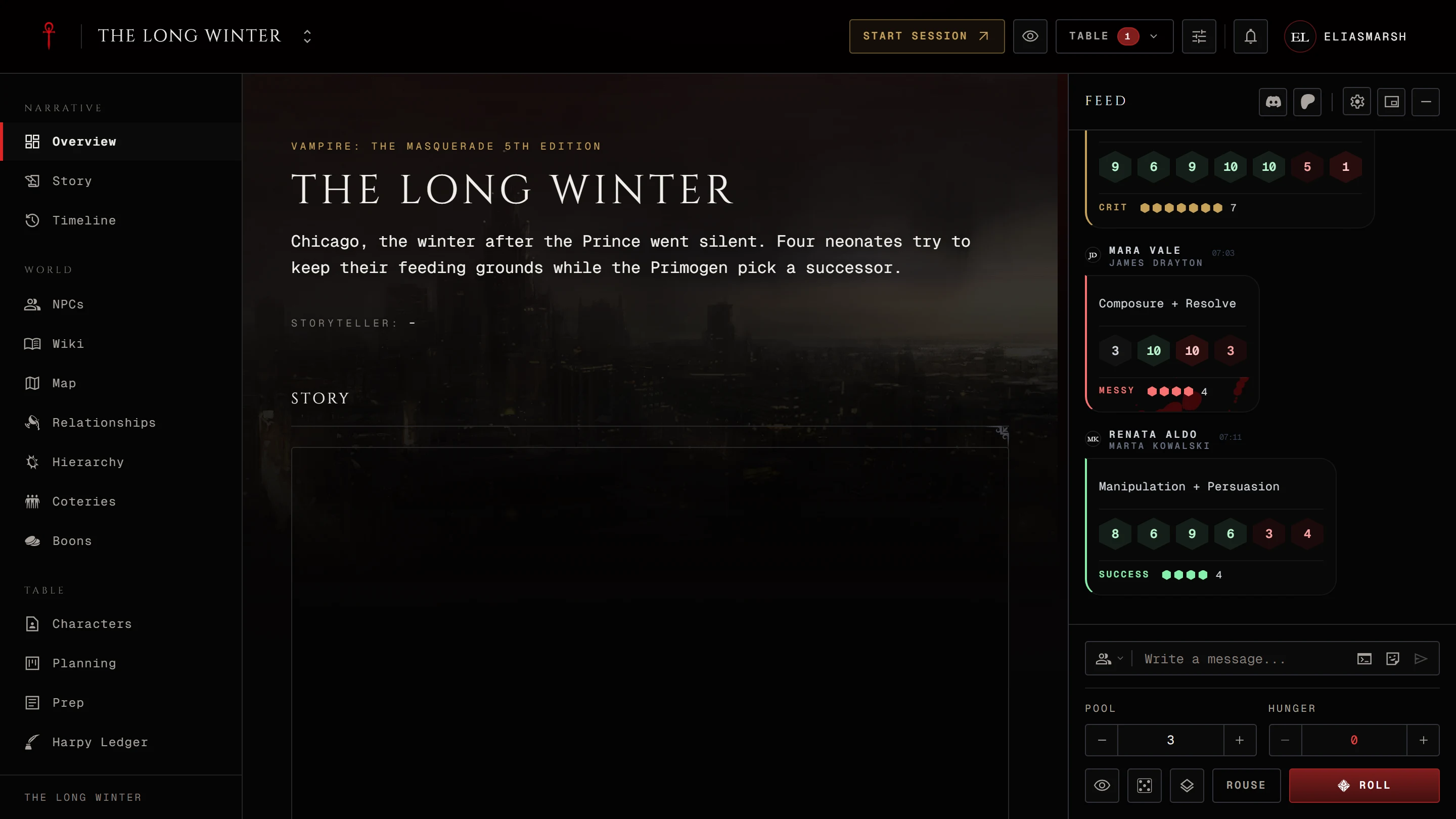 The chronicle header with the gold Start session button