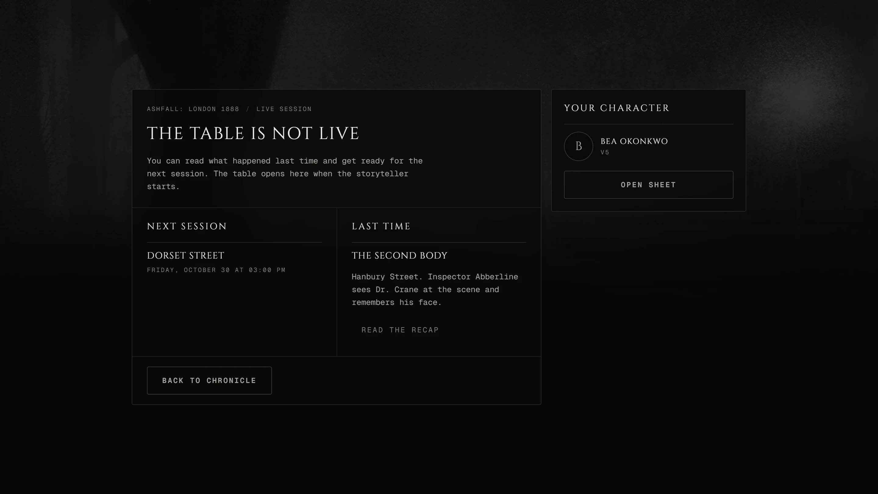 The "The table is not live" page with Next session, Last time and Your character