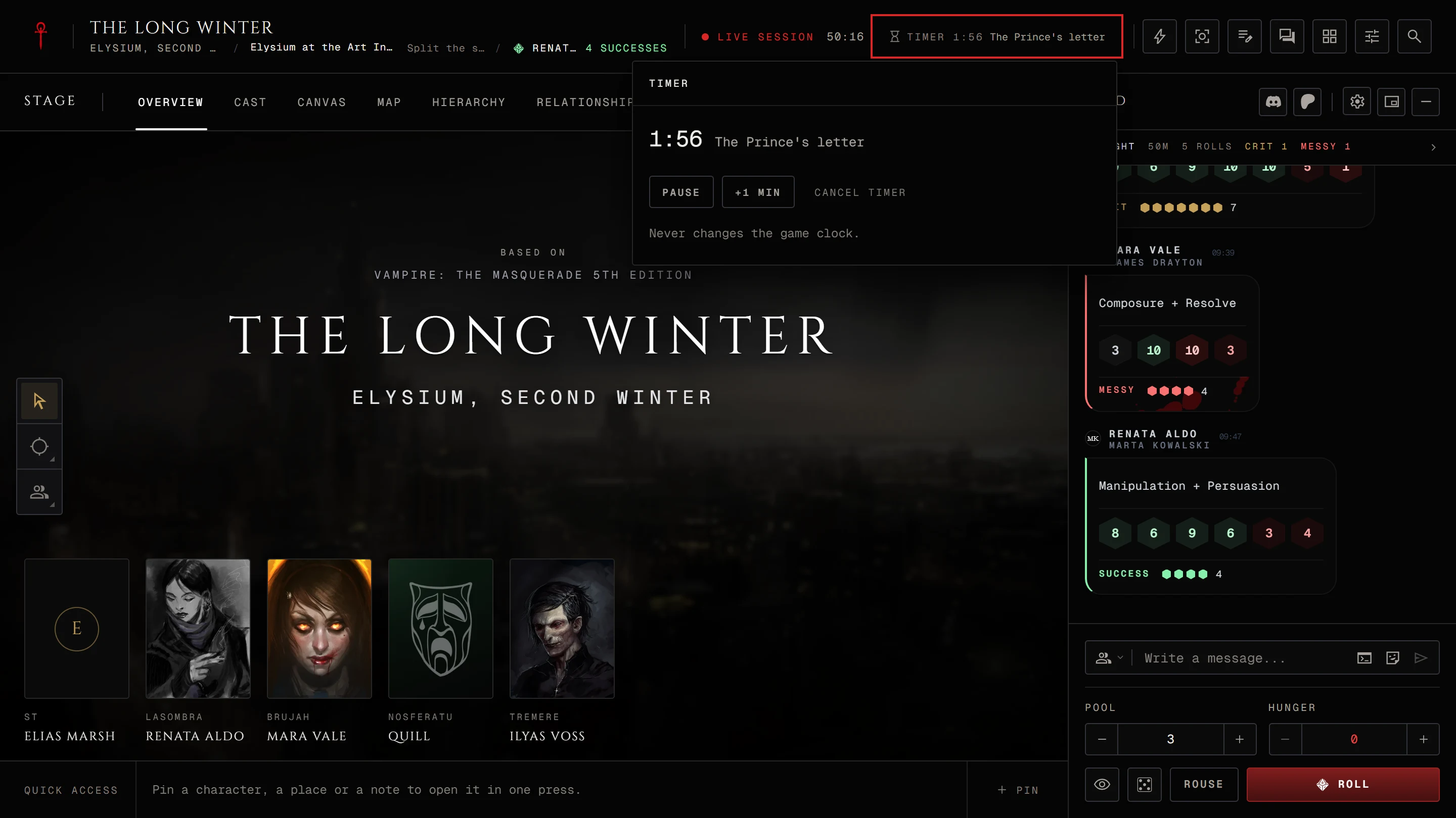 The Timer form filled in, Start pressed, then the Timer chip appearing in the header and opening its Pause, +1 min and Cancel timer buttons