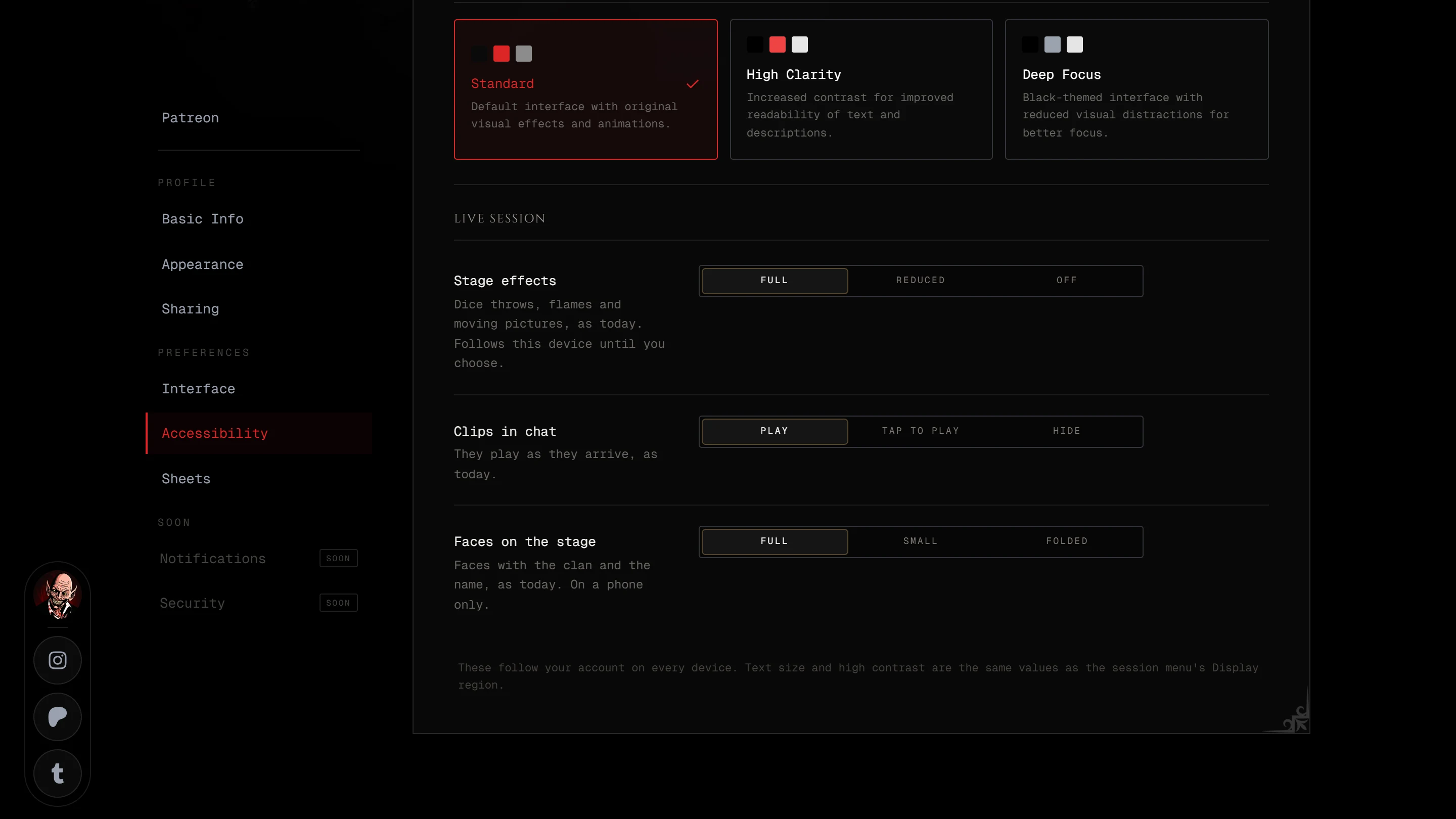 Settings, Accessibility, the Live session card with Stage effects, Clips in chat and Faces on the stage