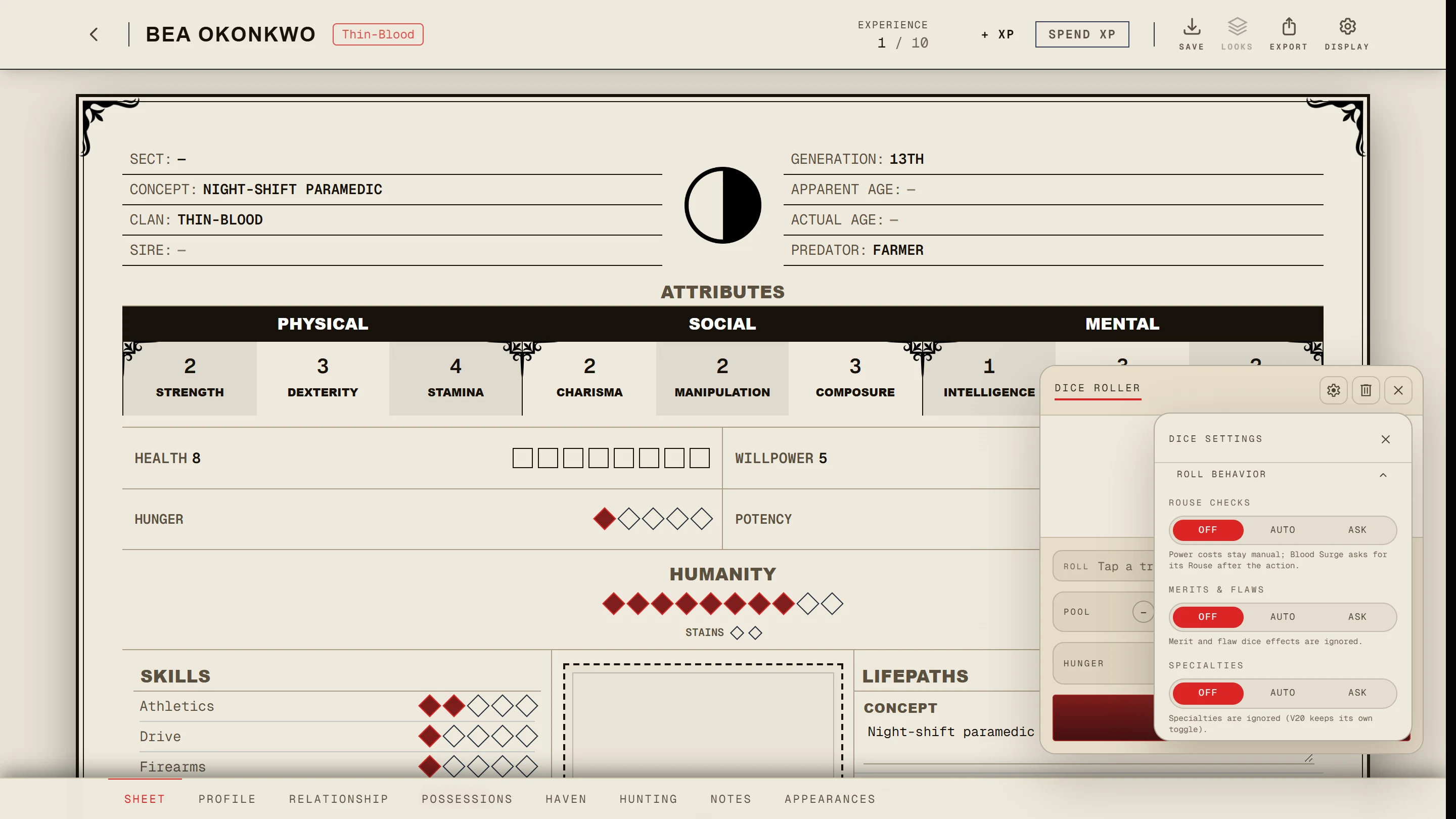 The Dice Settings panel of a V5 sheet roller with Roll behavior opened
