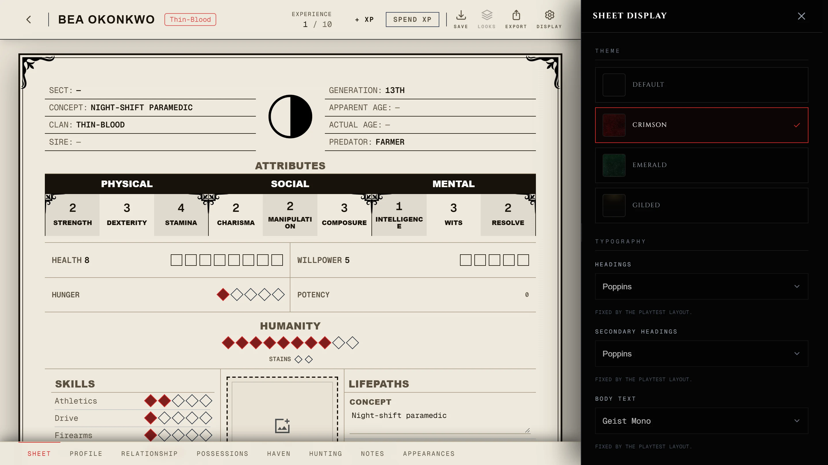 A V5 sheet in the editor with the Display panel open on the right beside the sheet, Theme at the top