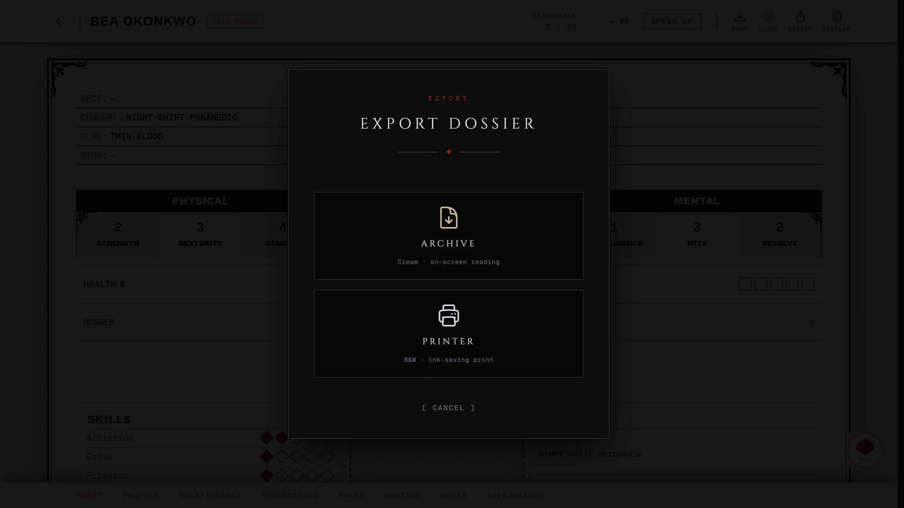 The Export popup on a V5 sheet with its two choices, Archive and Printer