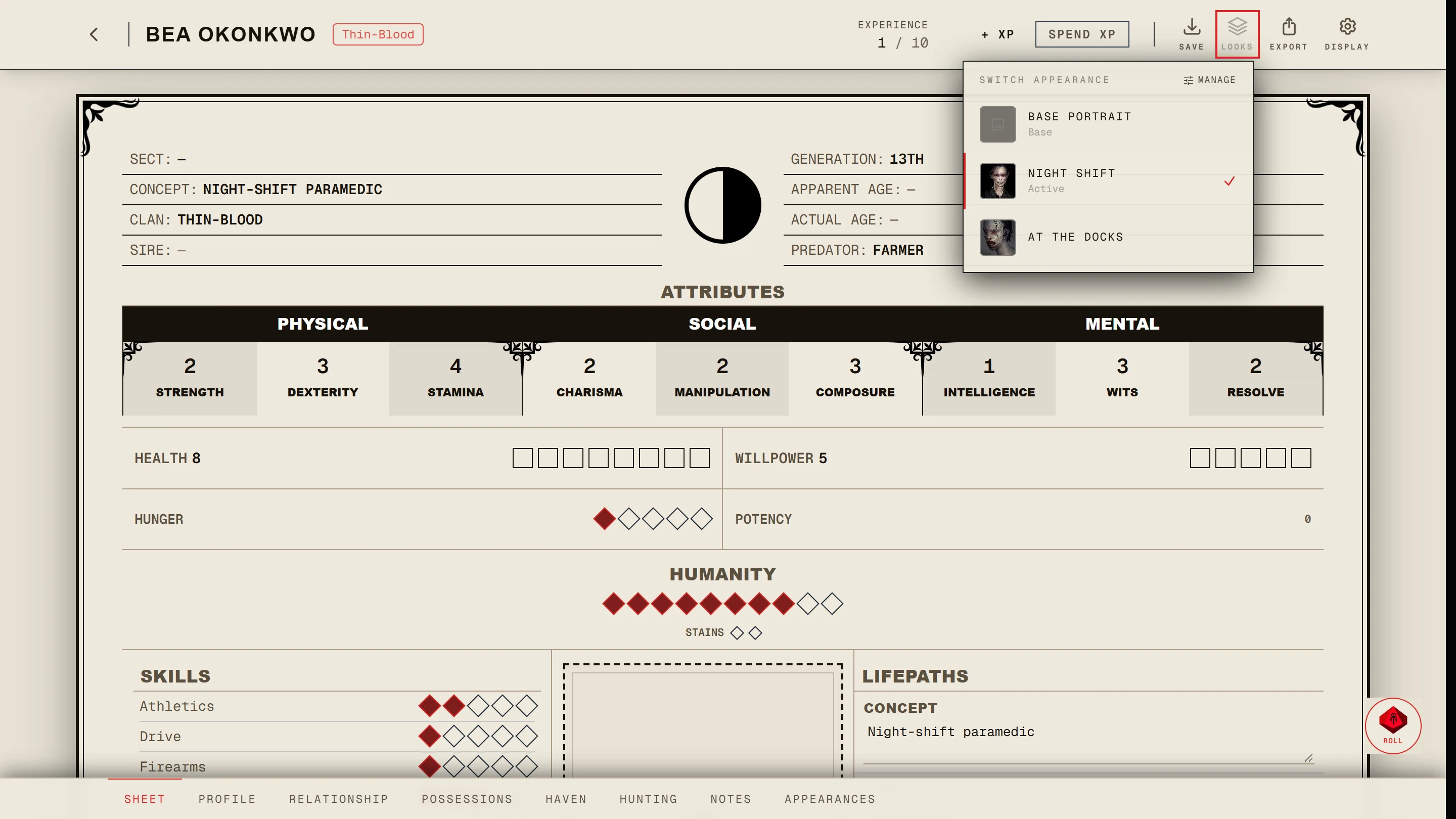 A V5 sheet with two saved appearances and the Looks switcher open