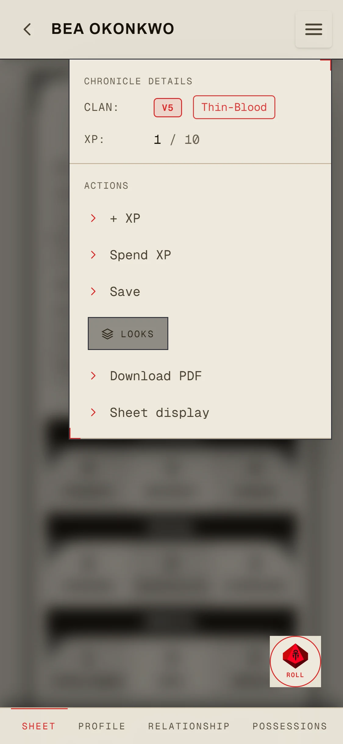 A V5 sheet in the editor on a phone with Menu open, showing + XP, Spend XP, Save, Looks, Download PDF and Sheet display