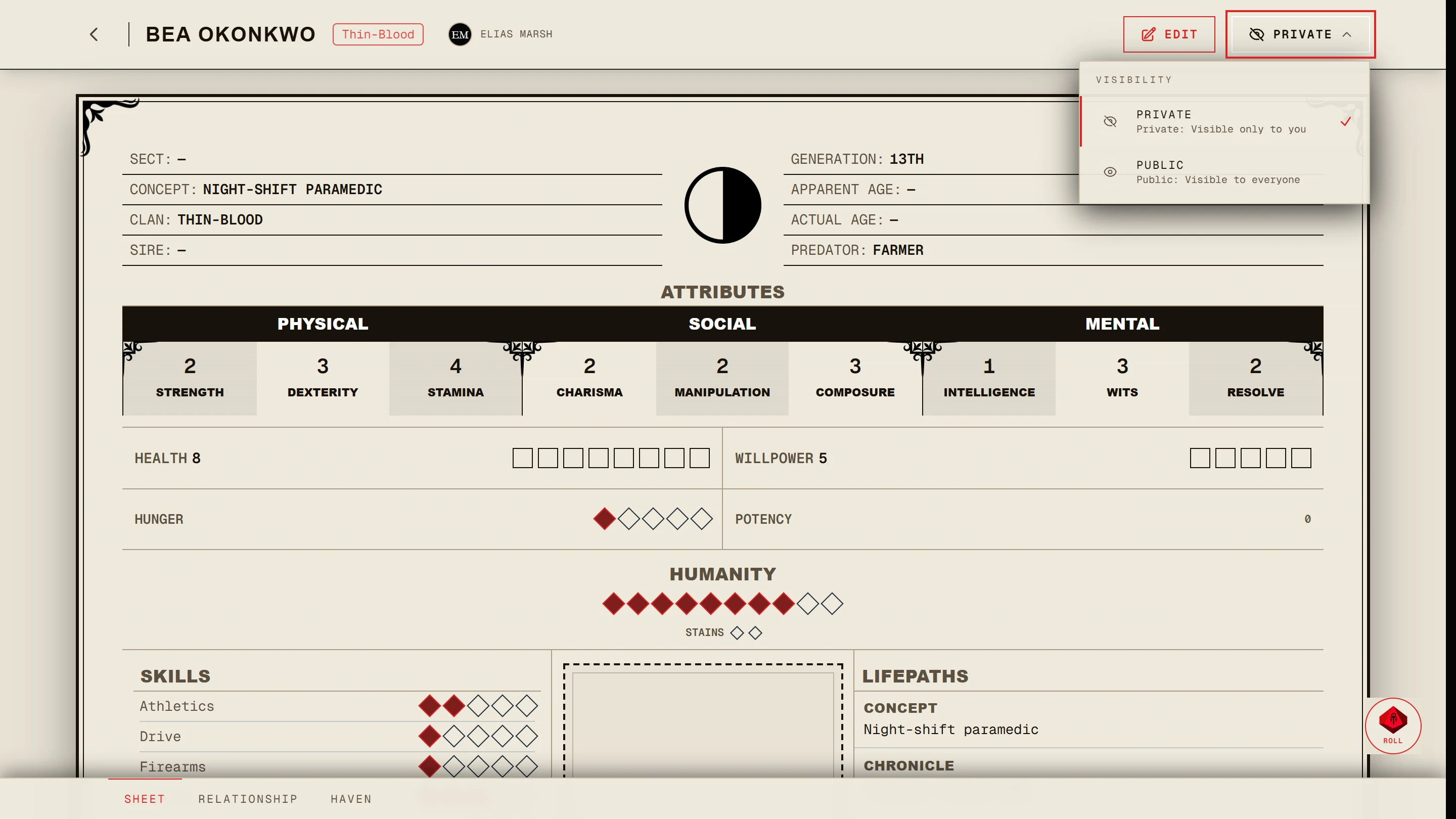 A V5 sheet opened to read with the visibility menu open showing Private and Public