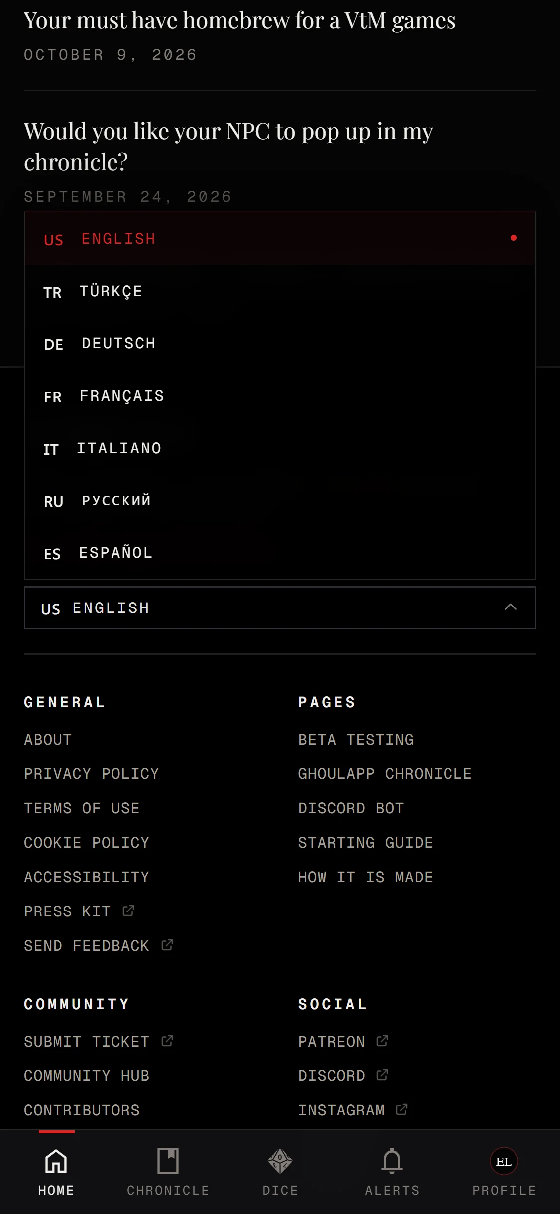 The footer's language list open on a phone with English selected