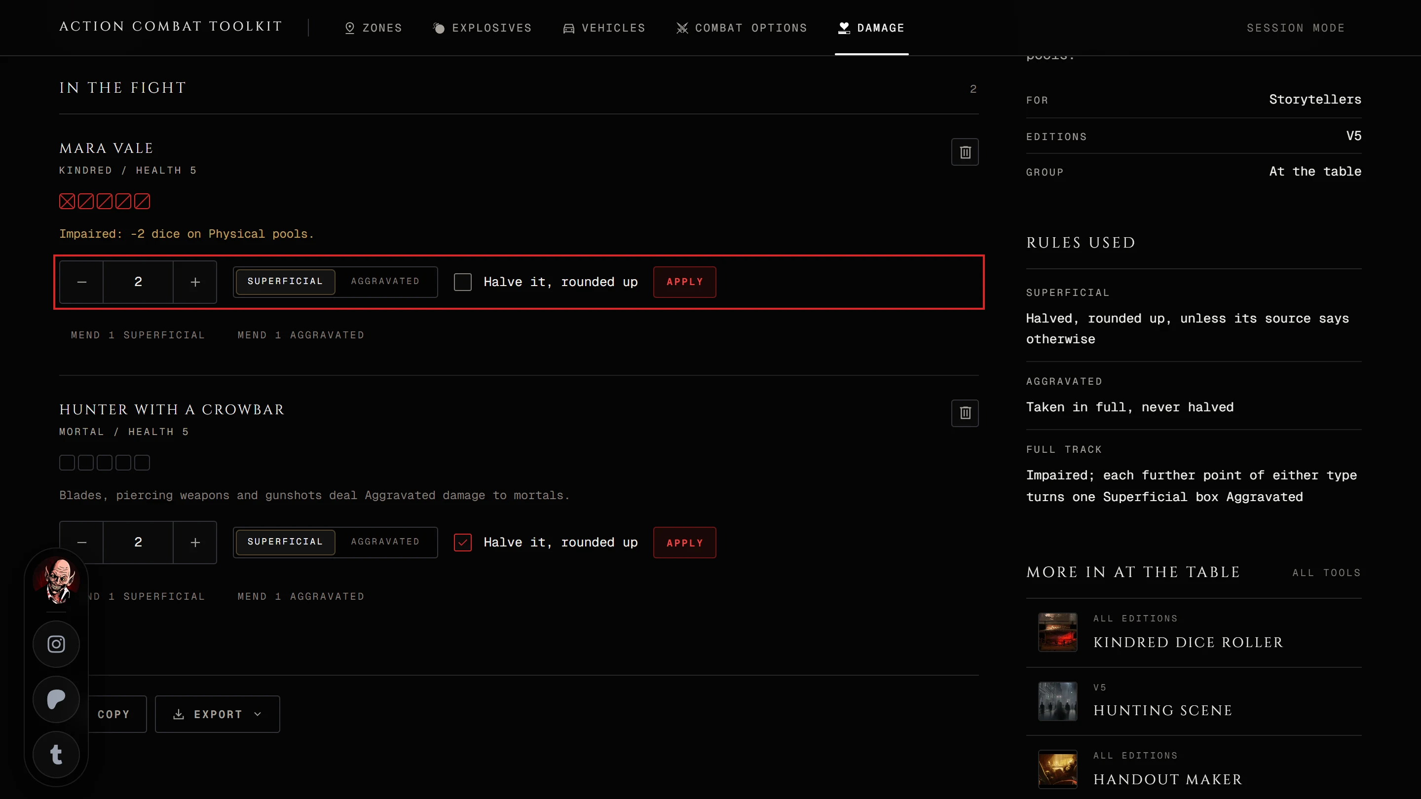 The V5 combat toolkit on the Damage tab with two combatants, one Impaired