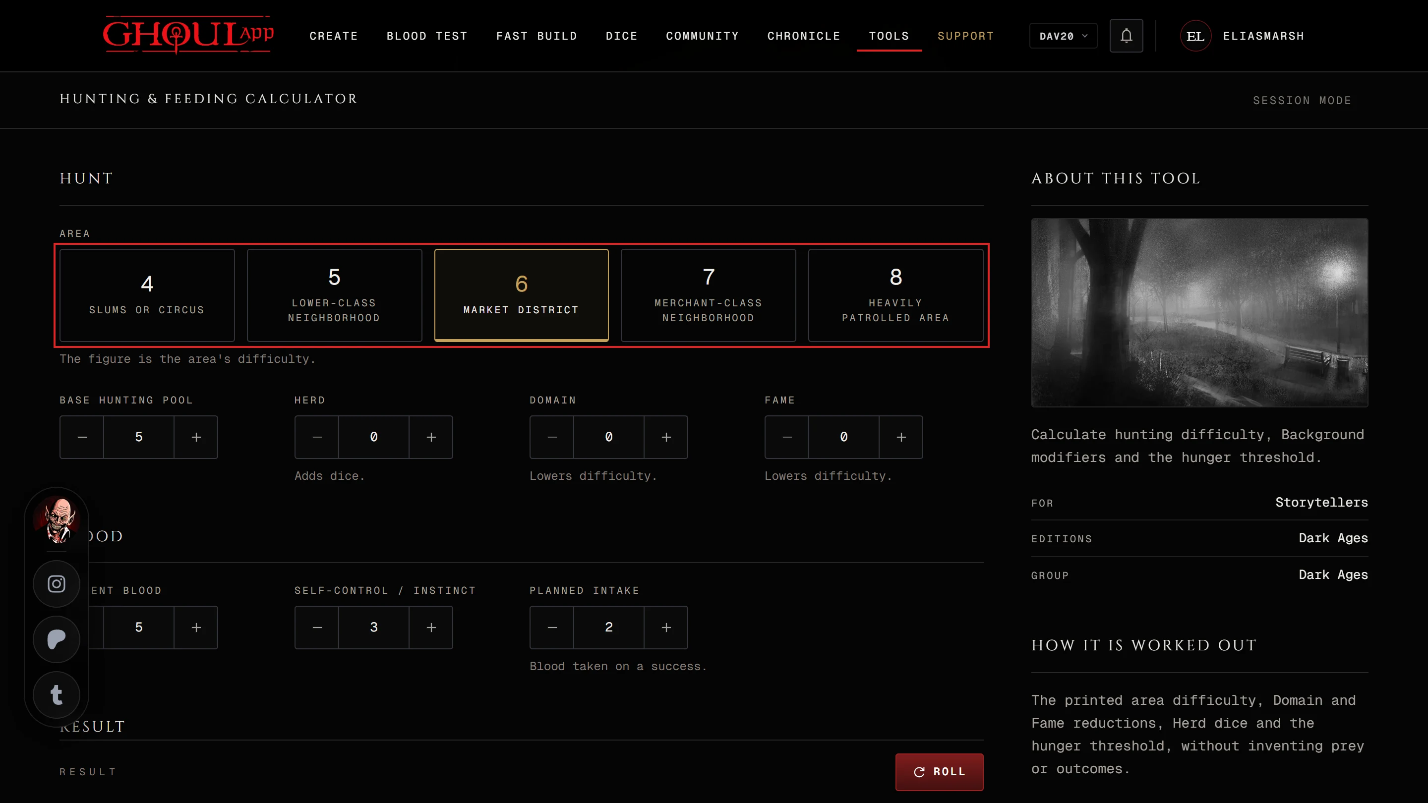The Dark Ages hunting and feeding calculator before a roll