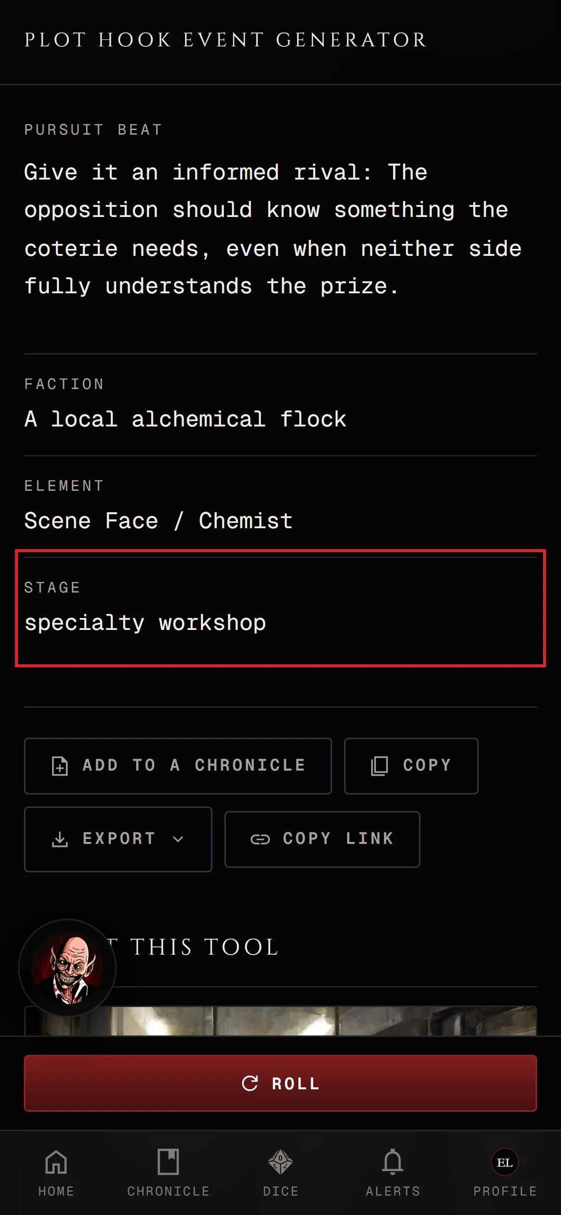 The plot hook and event generator on a phone with the five beats