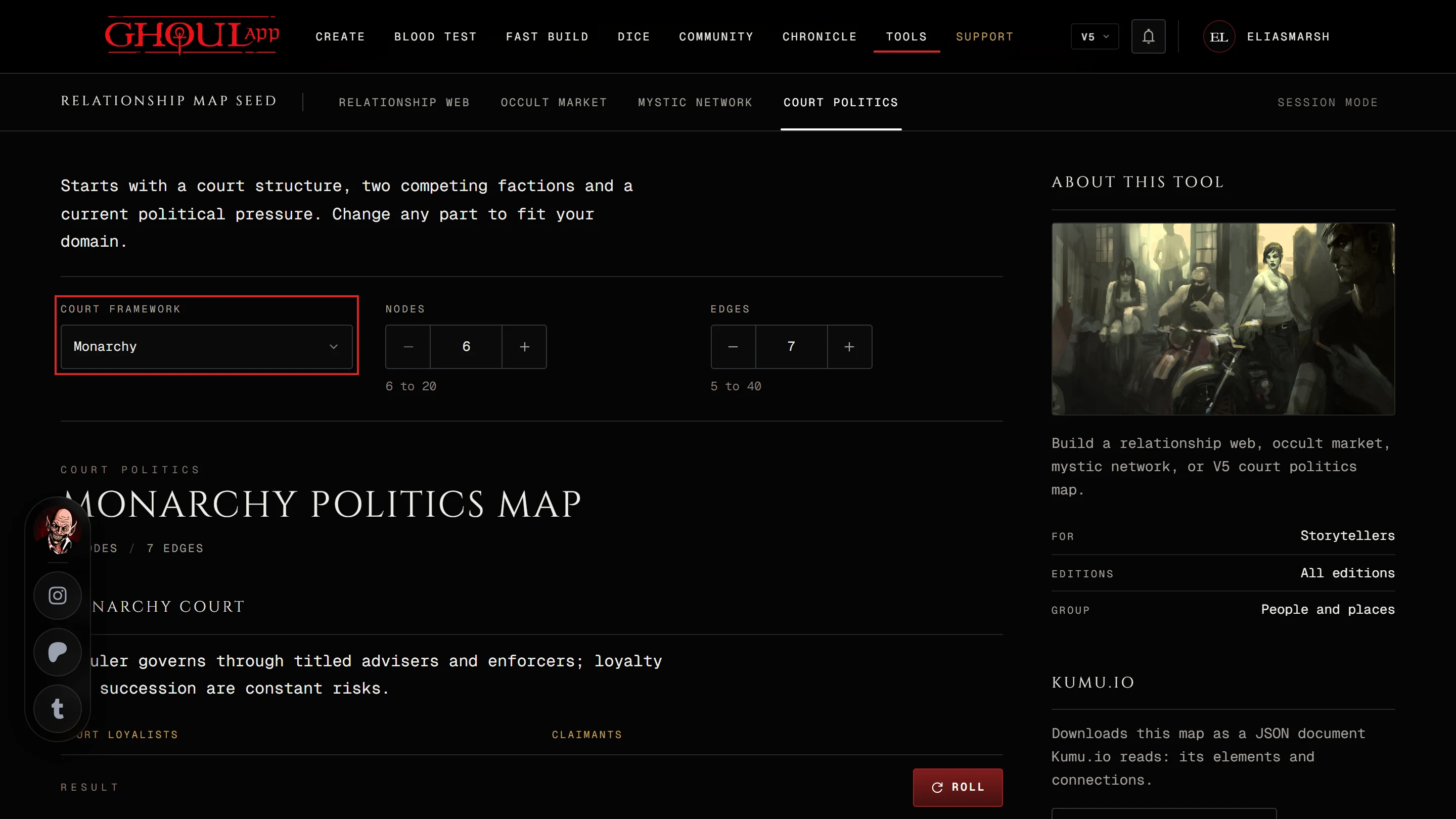 The relationship map seed in Court Politics with the court and the tables