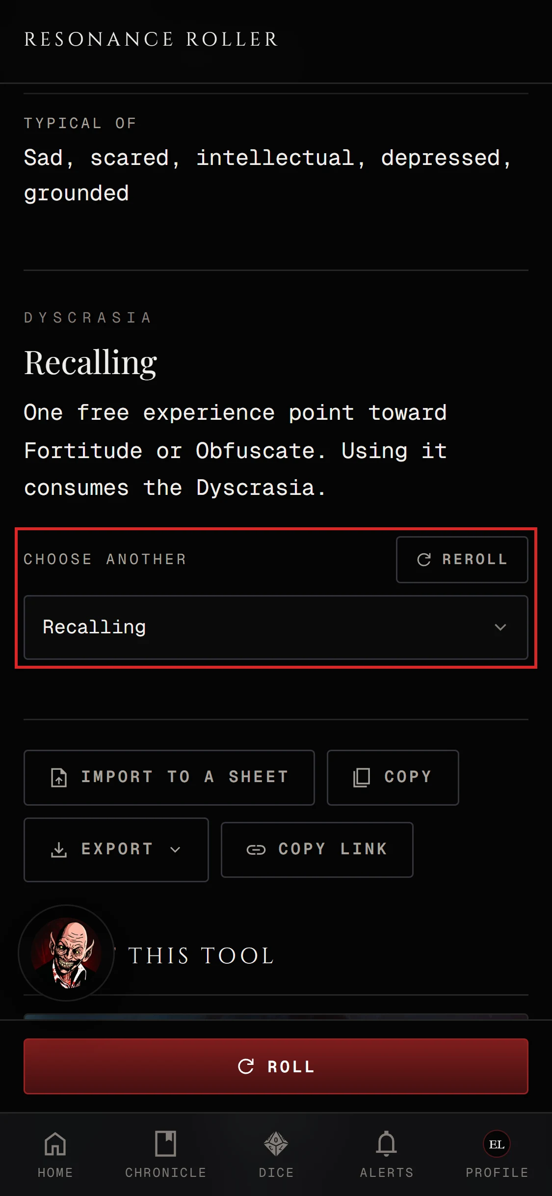 An Acute Resonance roll on a phone with its Dyscrasia
