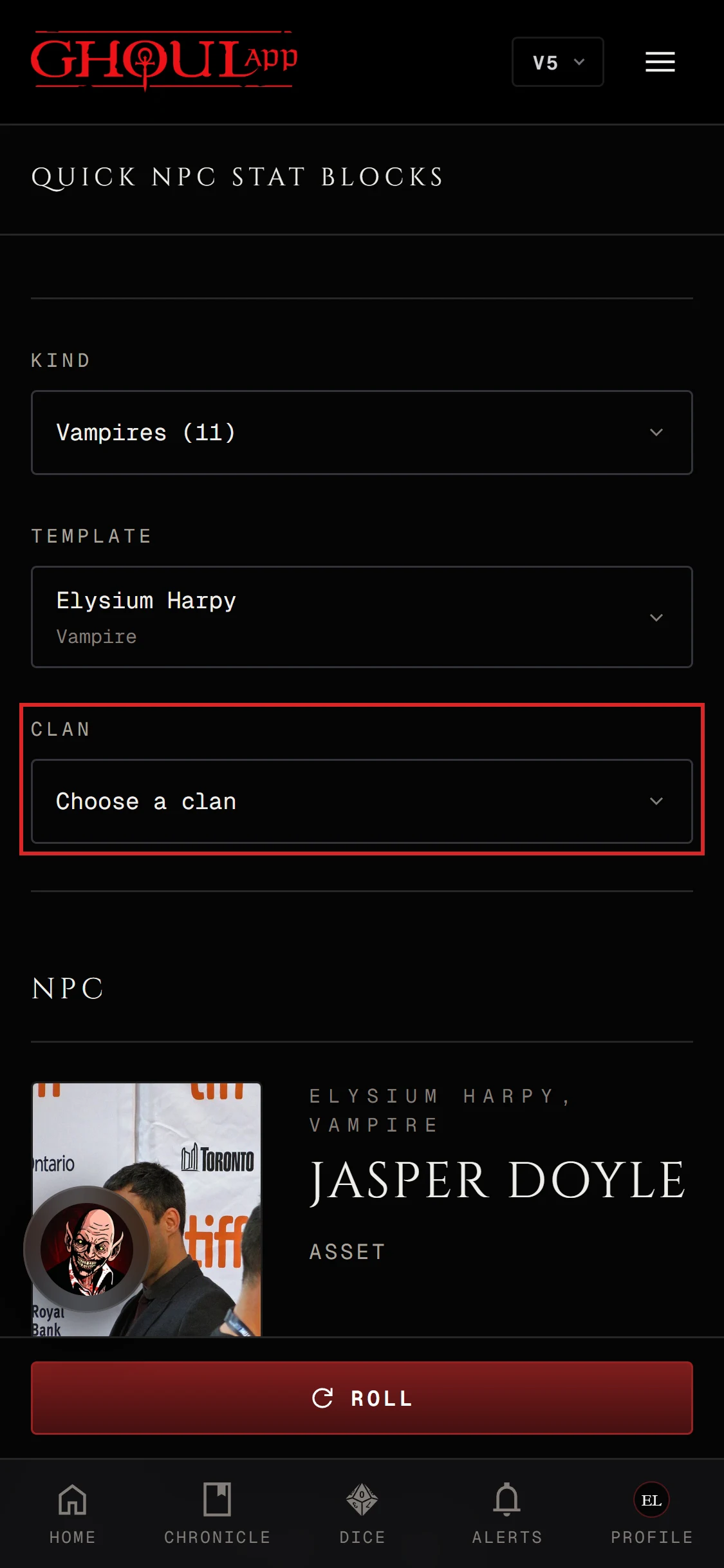 A clanless V5 vampire block on a phone with Add to a chronicle greyed out