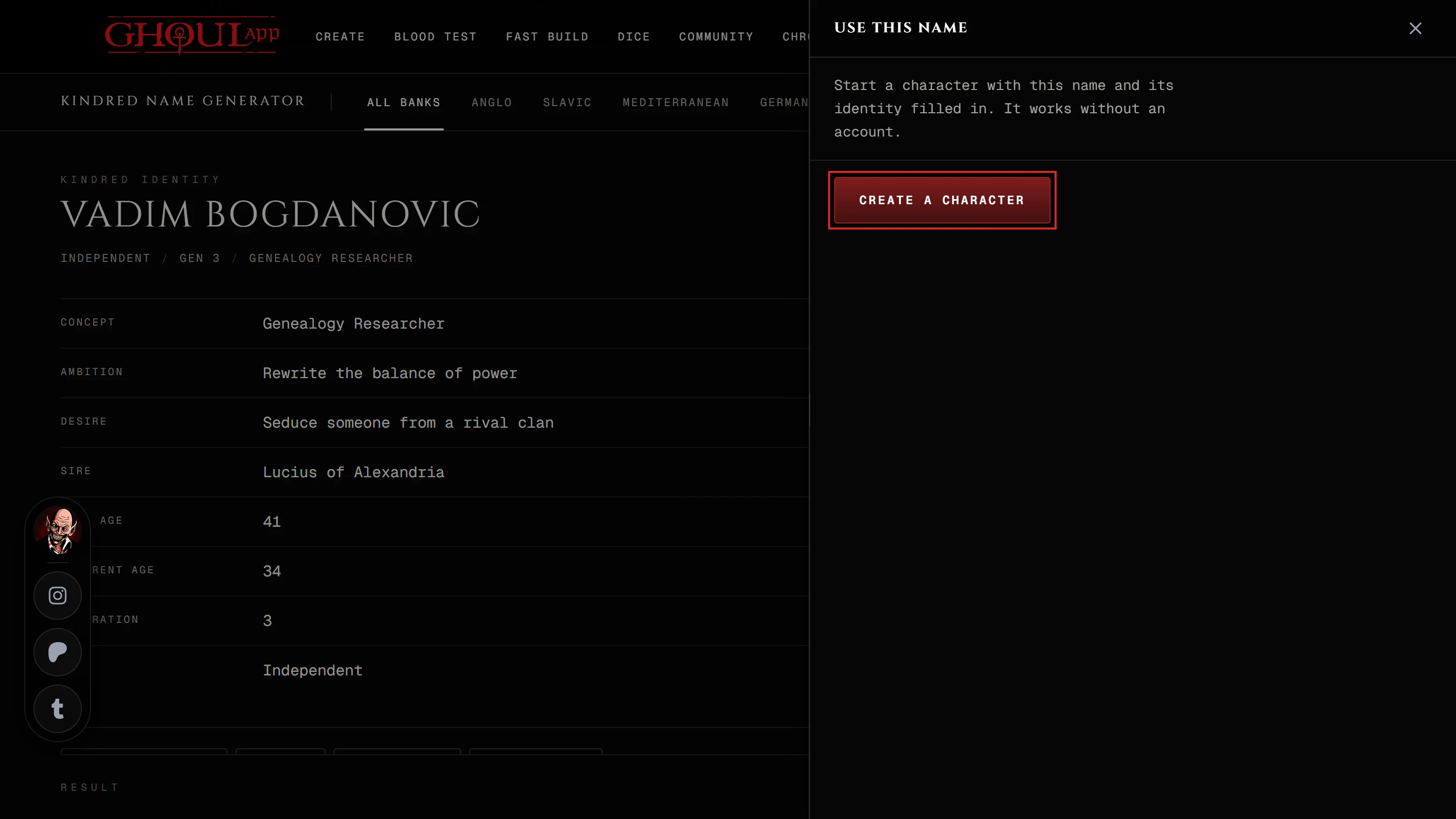 The Kindred name generator with the Use this name panel open