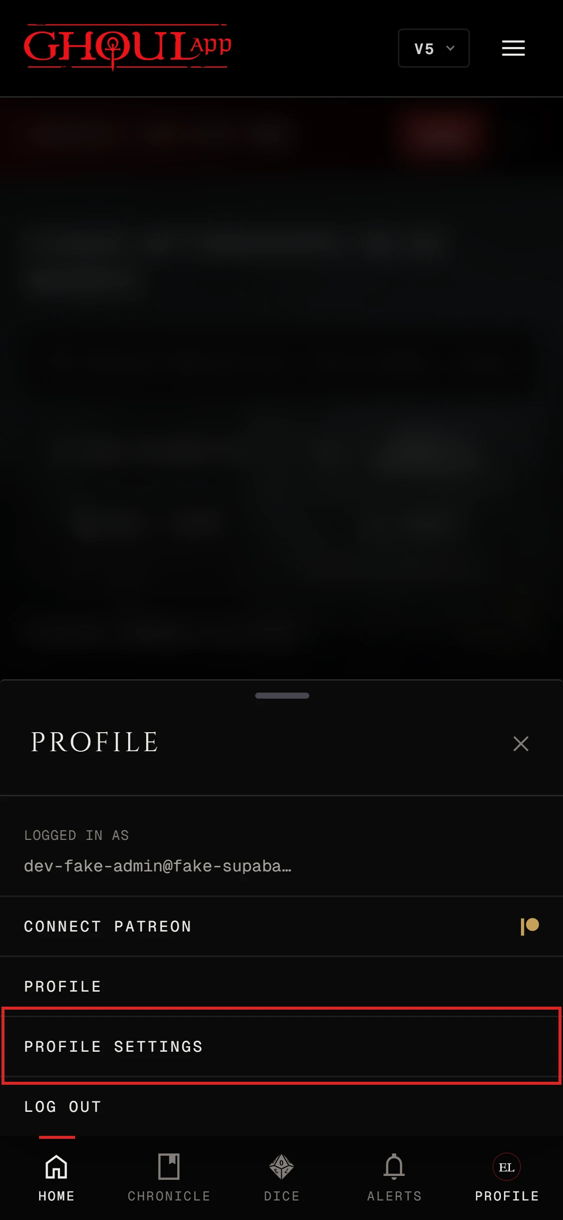 The home page on a phone with the Profile sheet open from the bottom bar
