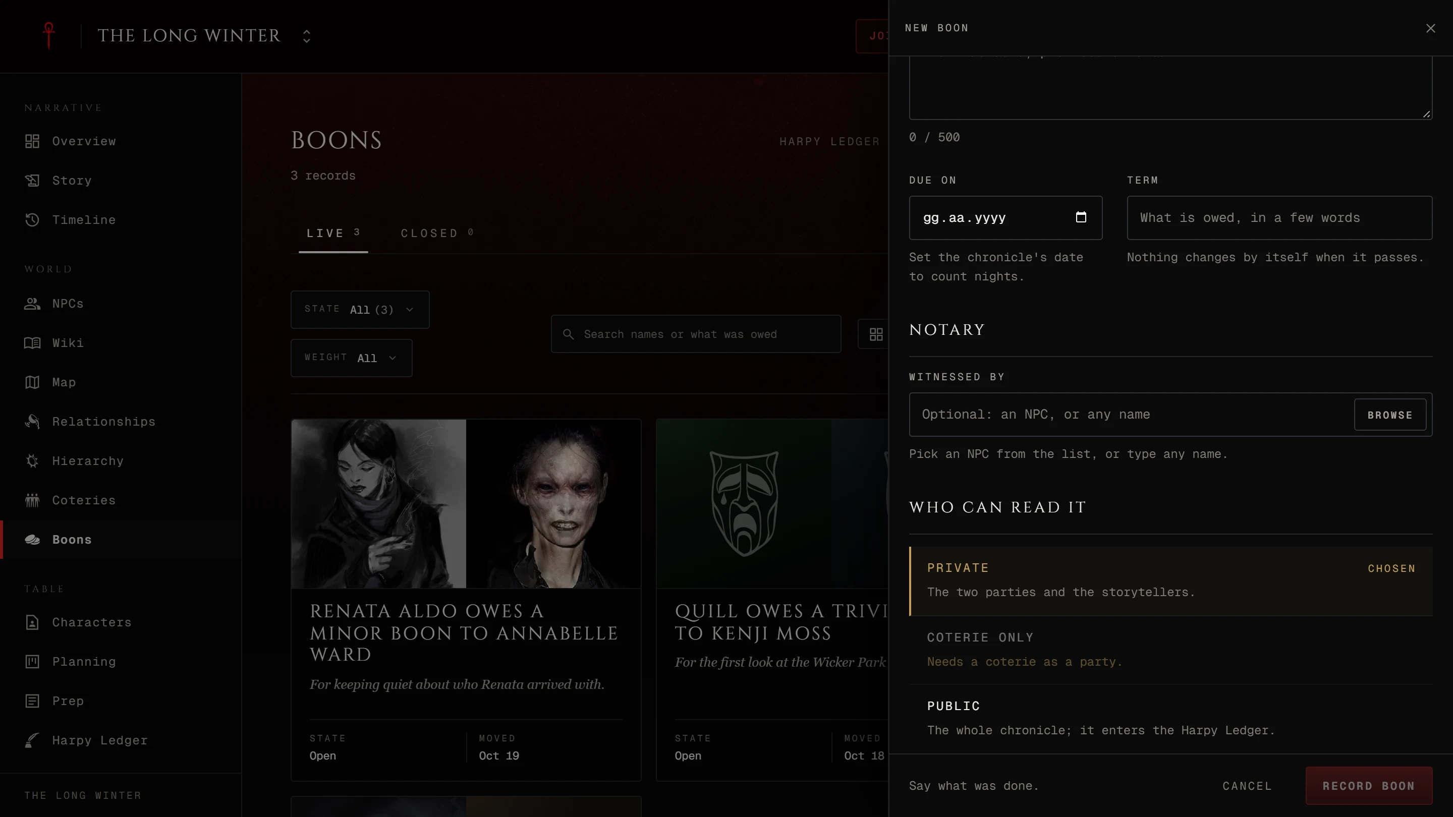 The New boon panel open beside the list with both sides picked and Minor chosen
