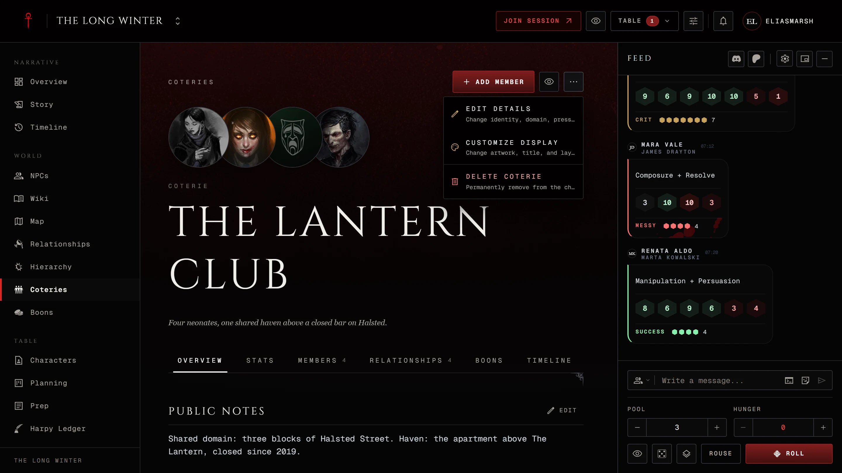 A coterie's page with the Coterie actions menu open