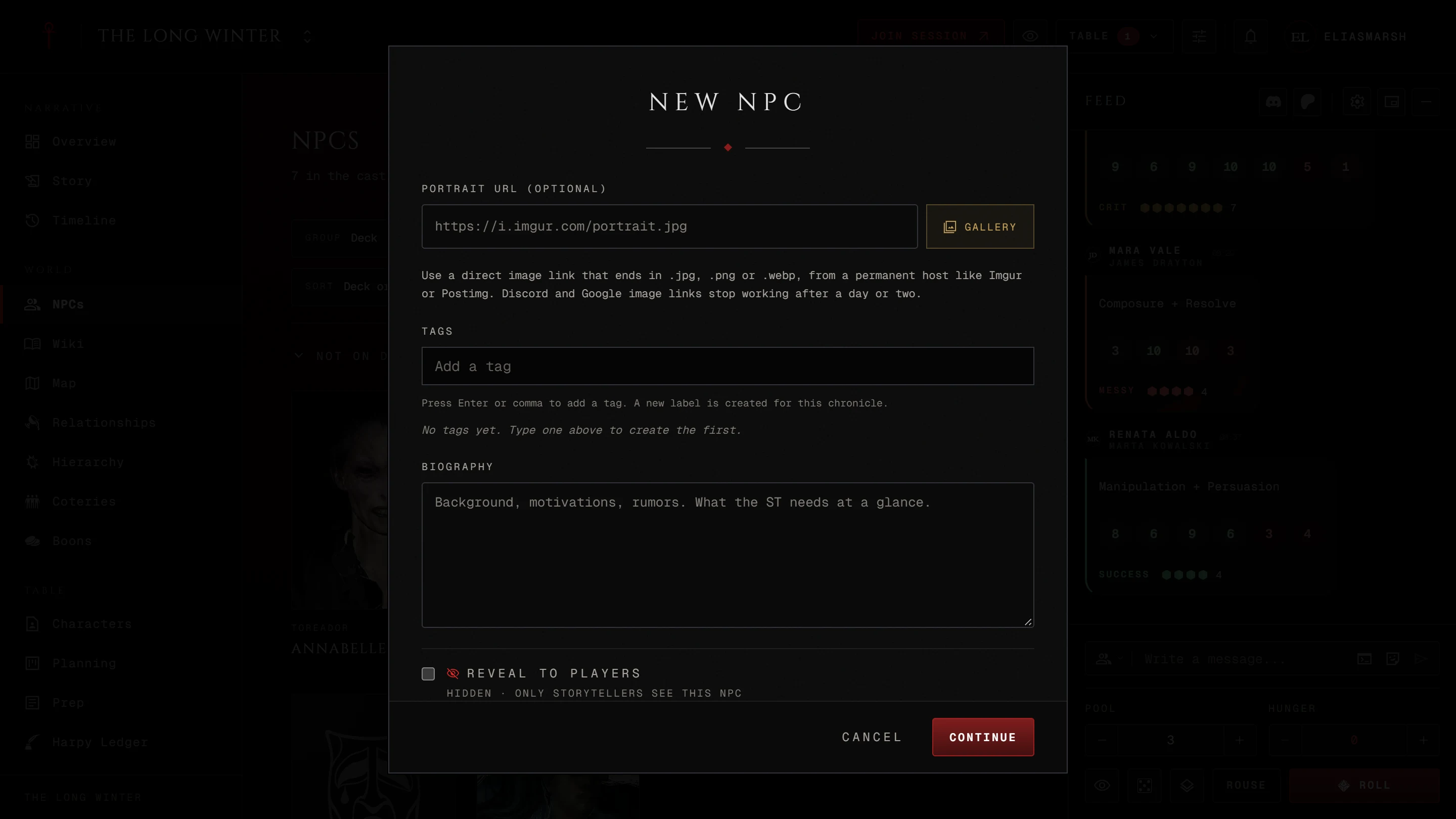 The New NPC editor on its first page with a name, a type and a clan picked