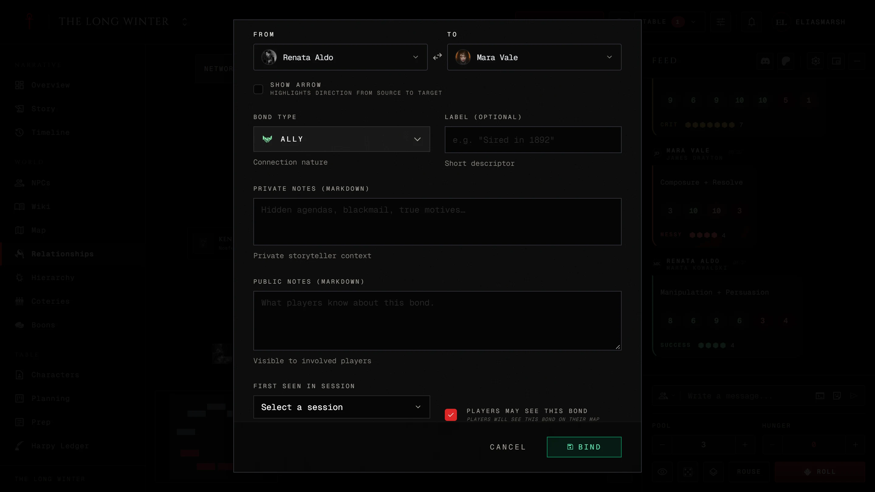The New Bond editor open over the map with From, To and Bond Type filled in