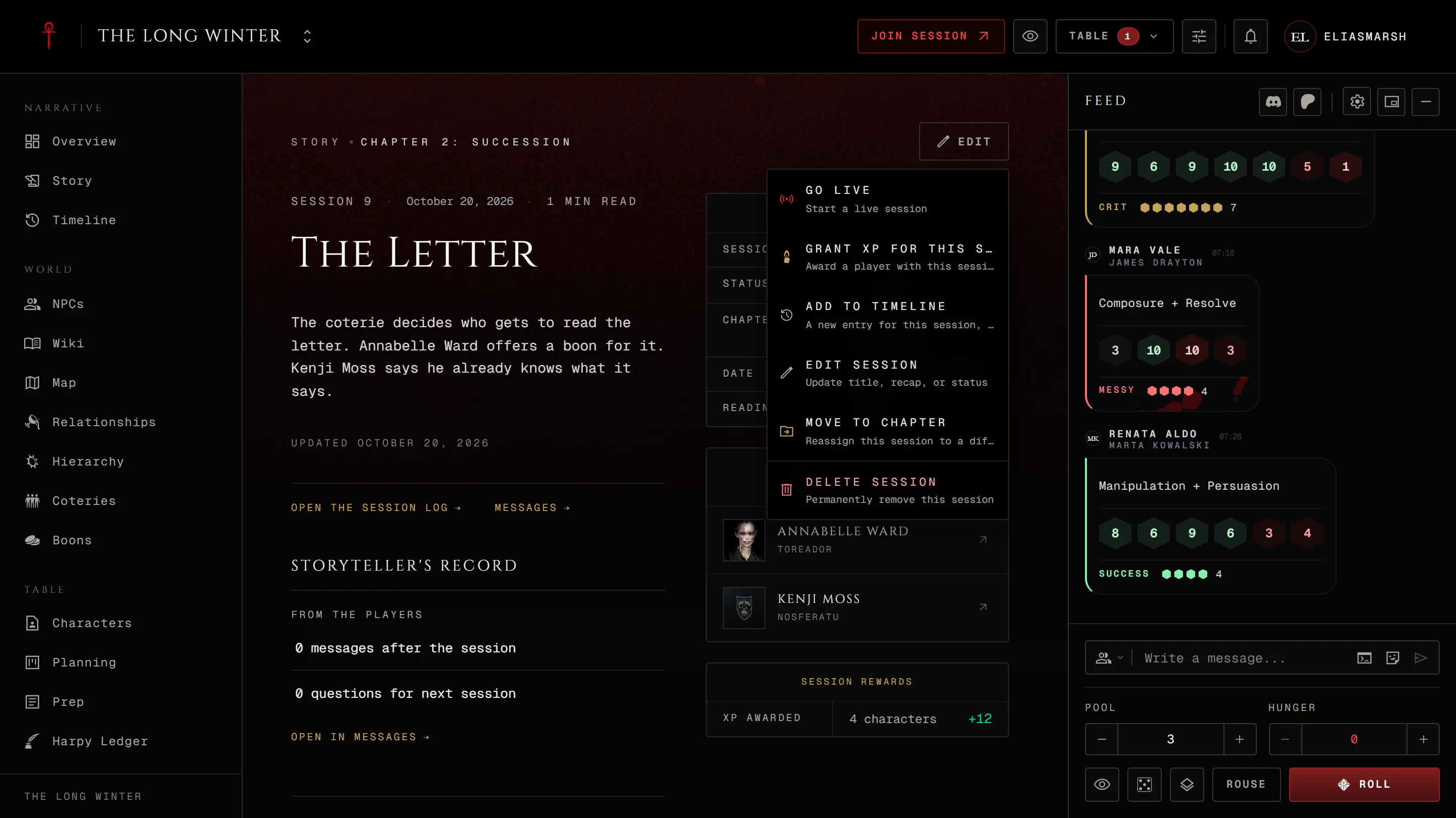 A played session's page with the storyteller's menu open