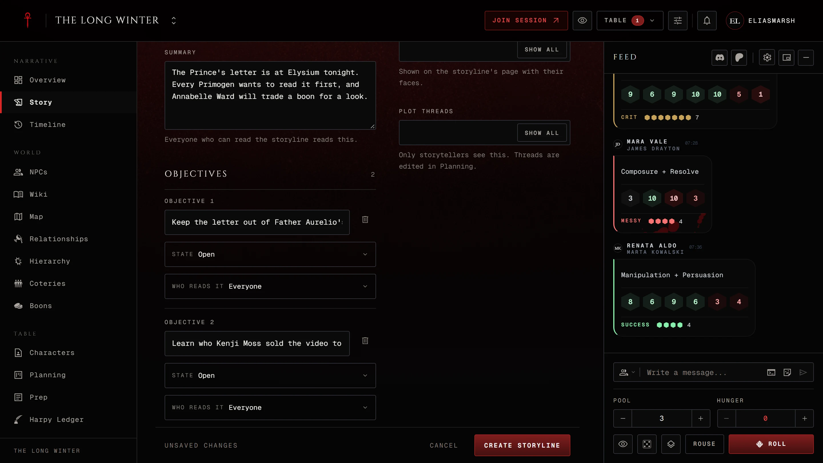 The New storyline page with a title, a summary and two objectives filled in