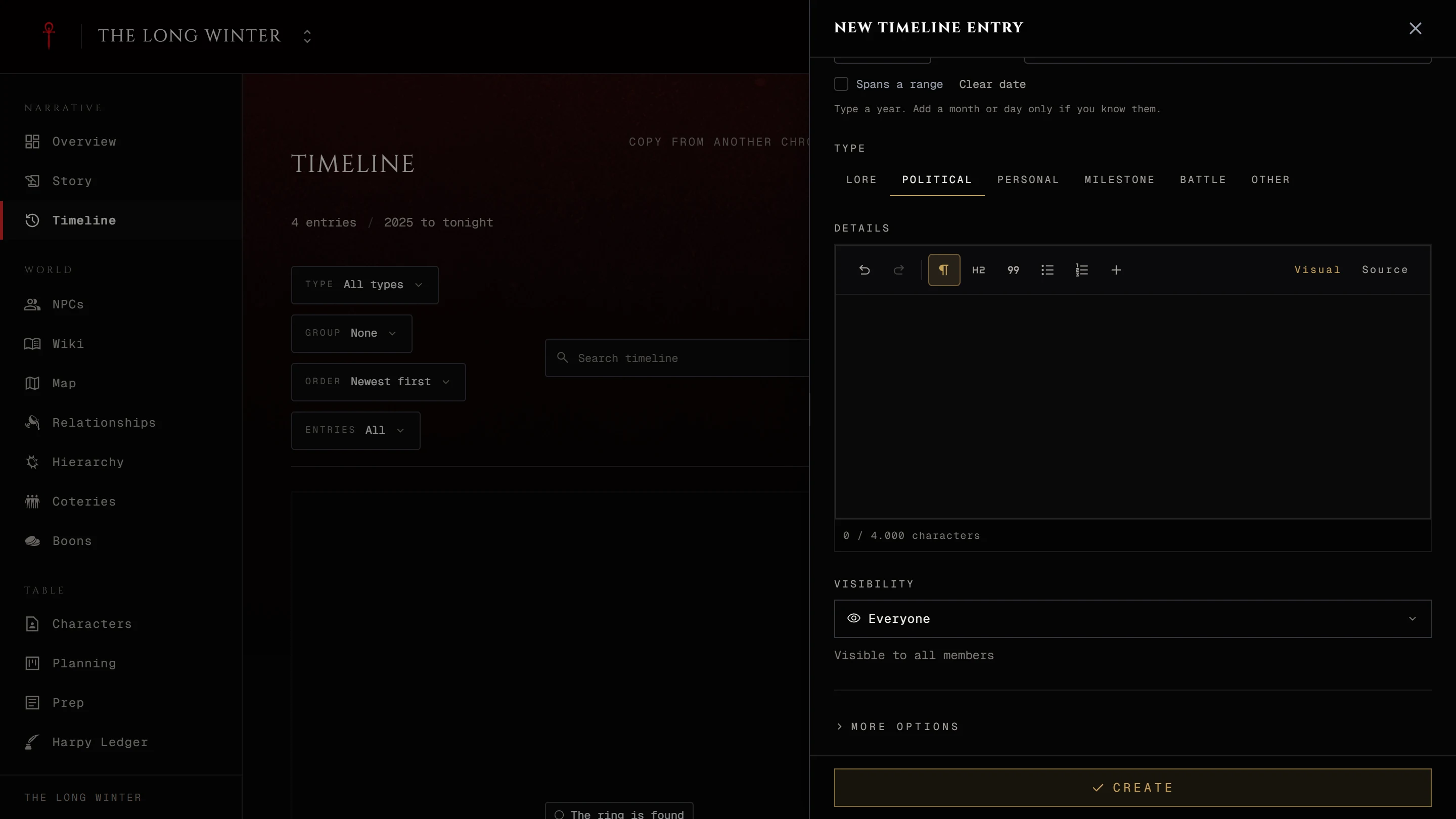 The New timeline entry panel with a title, a year and the type filled in